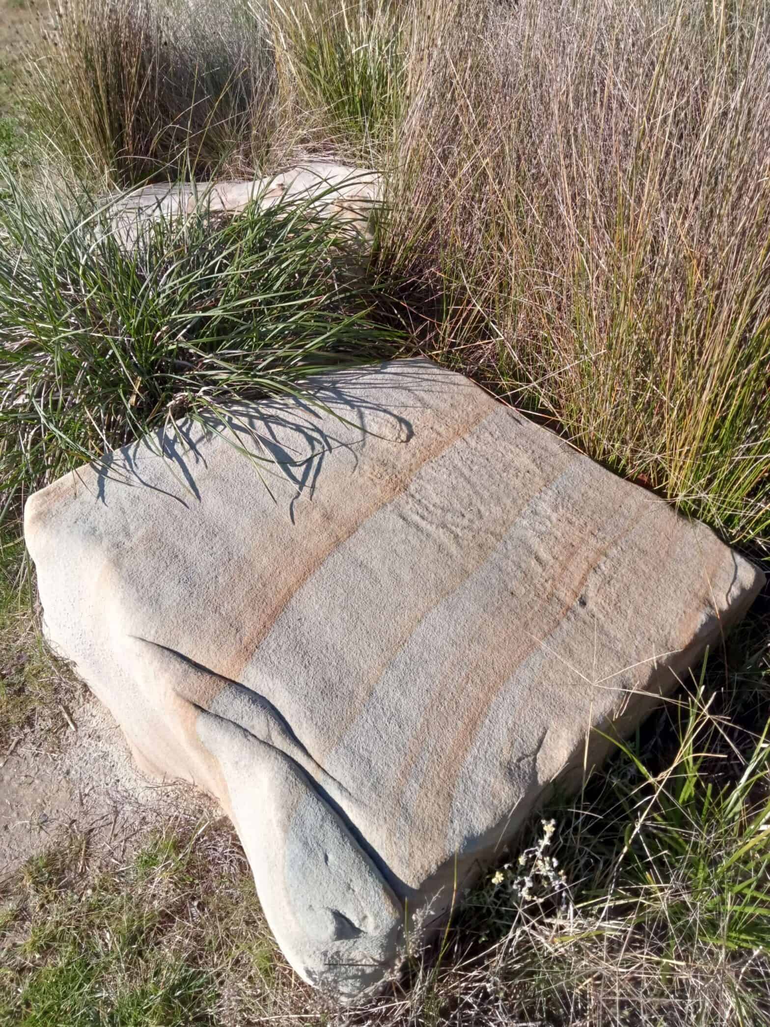 Ancient sandstone with natural patterns, surrounded by wild grass, representing faith and resilience in Christian outreach.